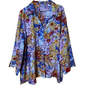 Joanna‎ Plus Blouse Size 3X Multicolor 3/4 Sleeve Floral Whimsical Streetwear